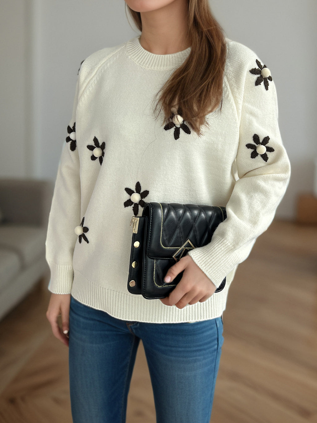 Daisy Embroidered Drop Shoulder Knit Sweater - Beige - 1