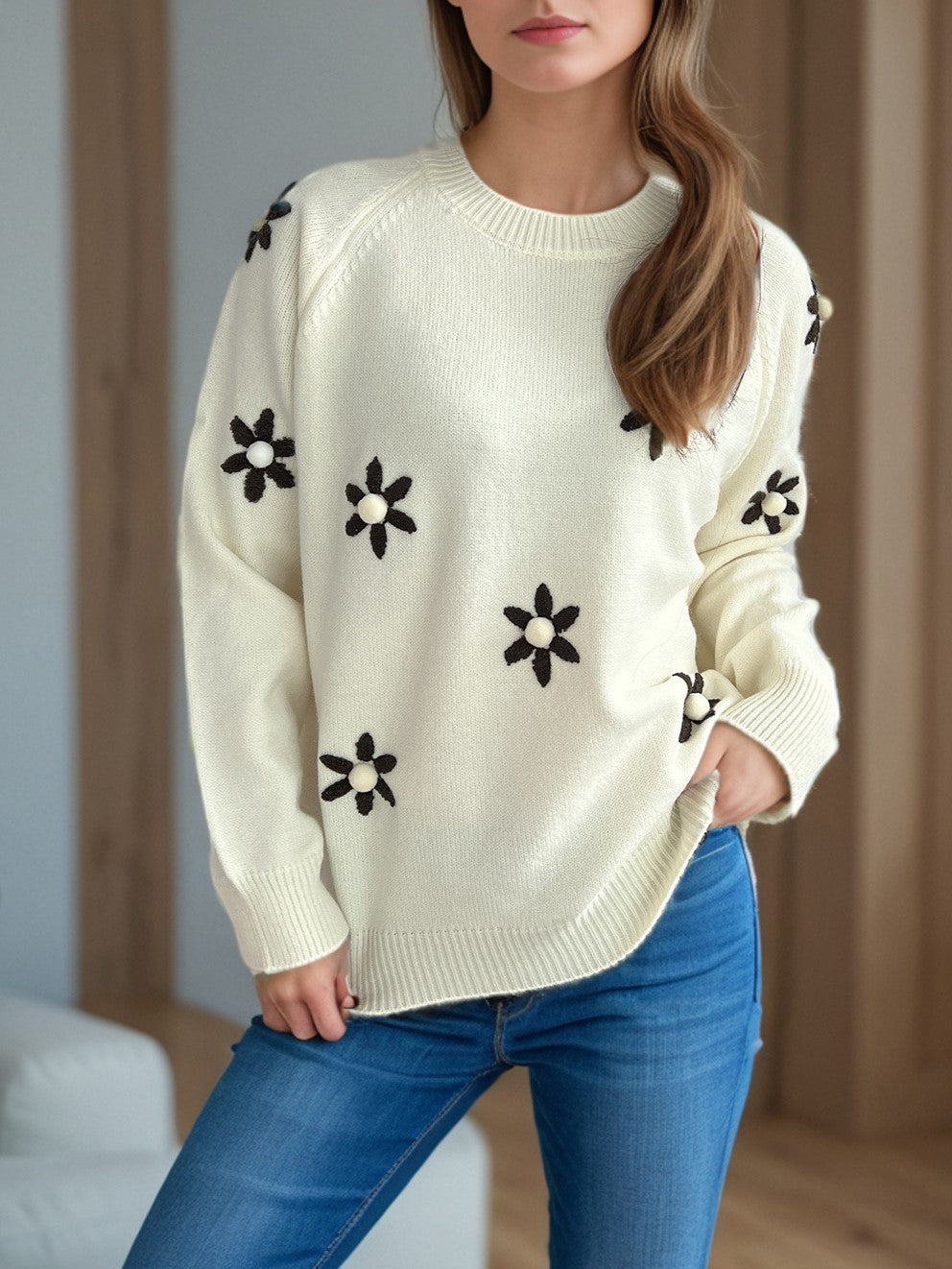 Daisy Embroidered Drop Shoulder Knit Sweater - Beige - 2