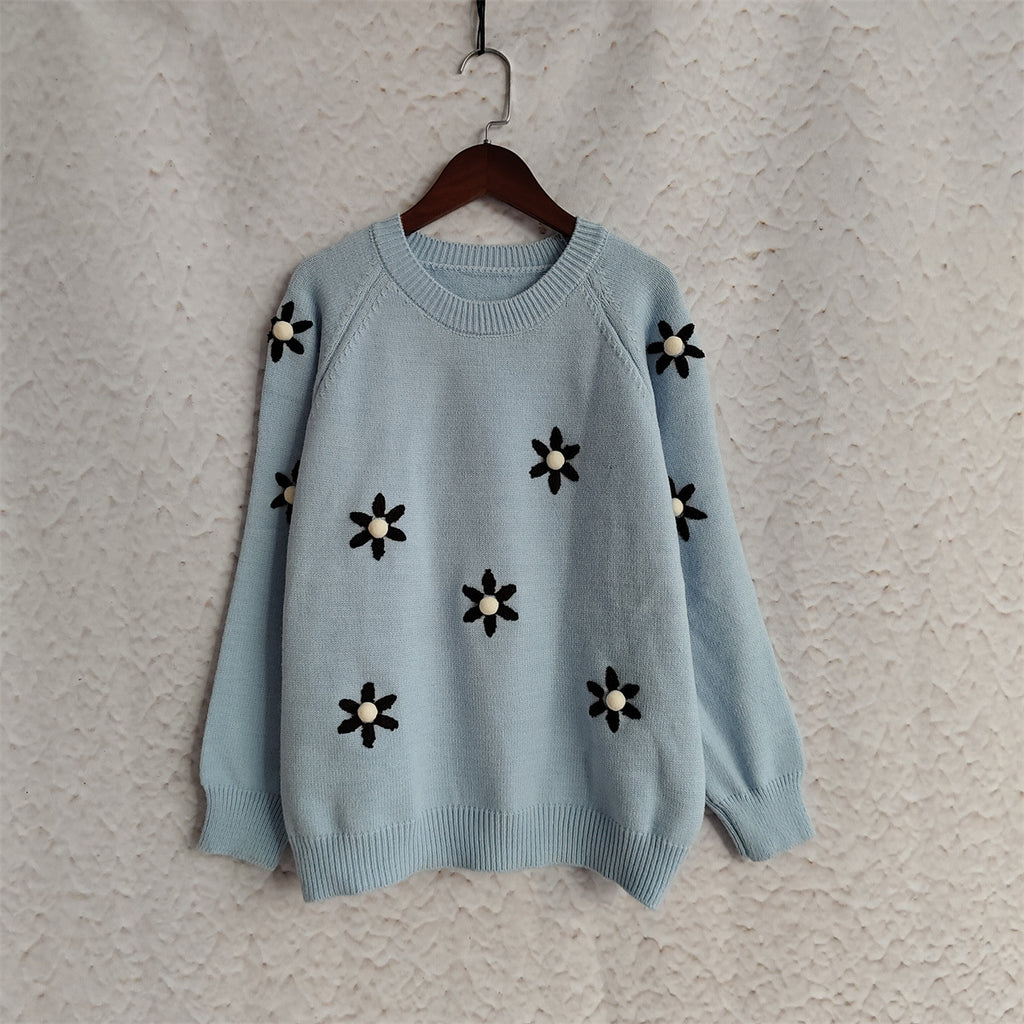 Daisy Embroidered Drop Shoulder Knit Sweater - Blue