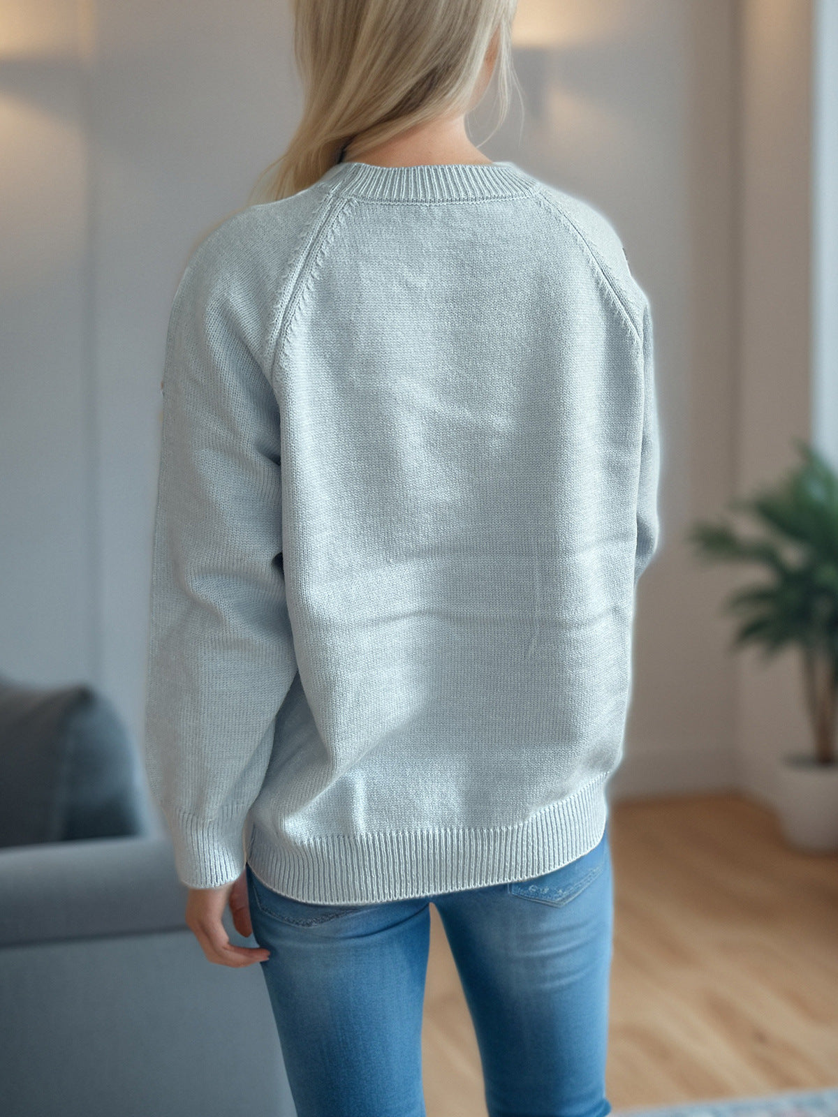 Daisy Embroidered Drop Shoulder Knit Sweater - Blue - 1