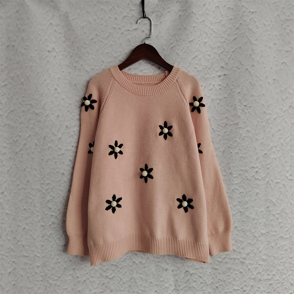 Daisy Embroidered Drop Shoulder Knit Sweater - Pink