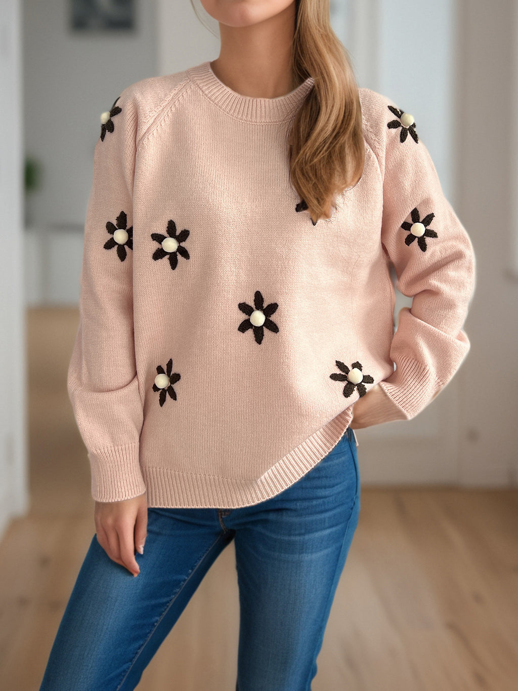 Daisy Embroidered Drop Shoulder Knit Sweater - Pink - 1