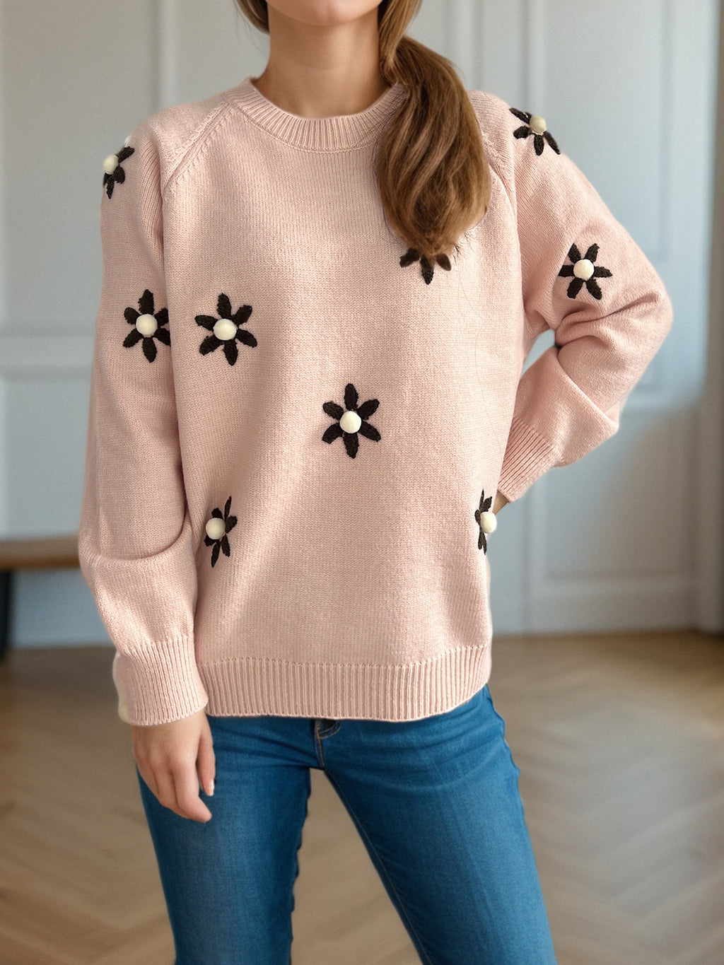 Daisy Embroidered Drop Shoulder Knit Sweater - Pink - 2