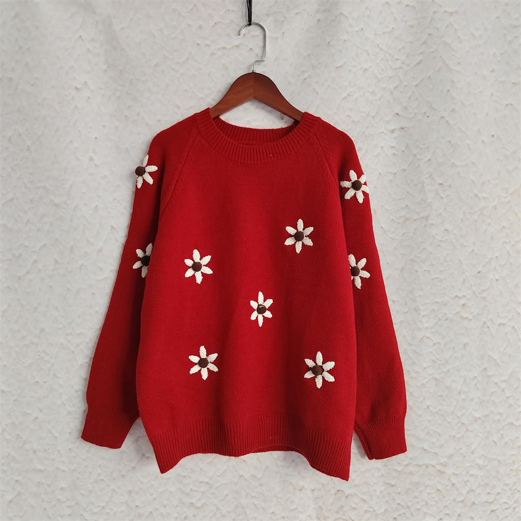 Daisy Embroidered Drop Shoulder Knit Sweater - Red