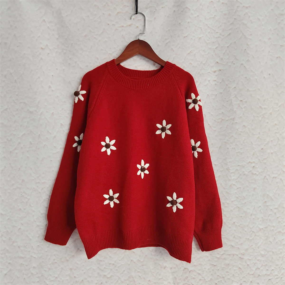 Daisy Embroidered Drop Shoulder Knit Sweater - Red