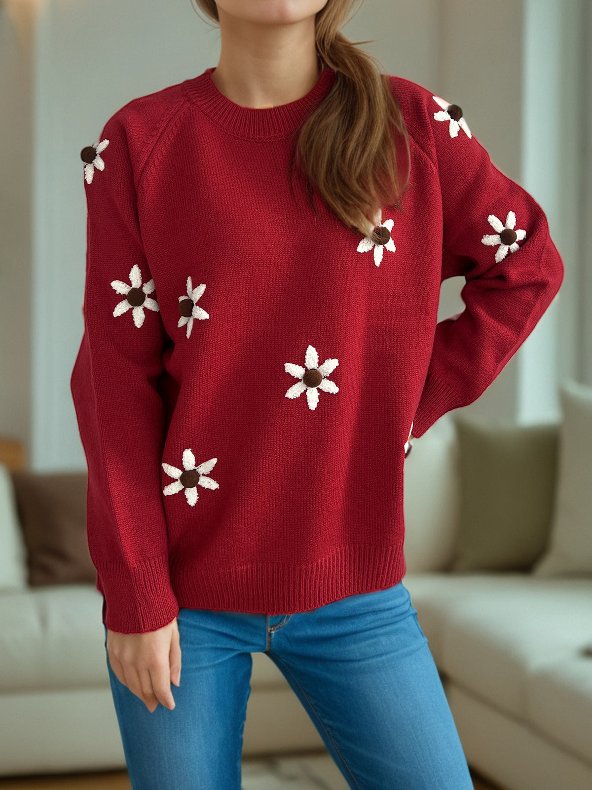 Daisy Embroidered Drop Shoulder Knit Sweater - Red - 1