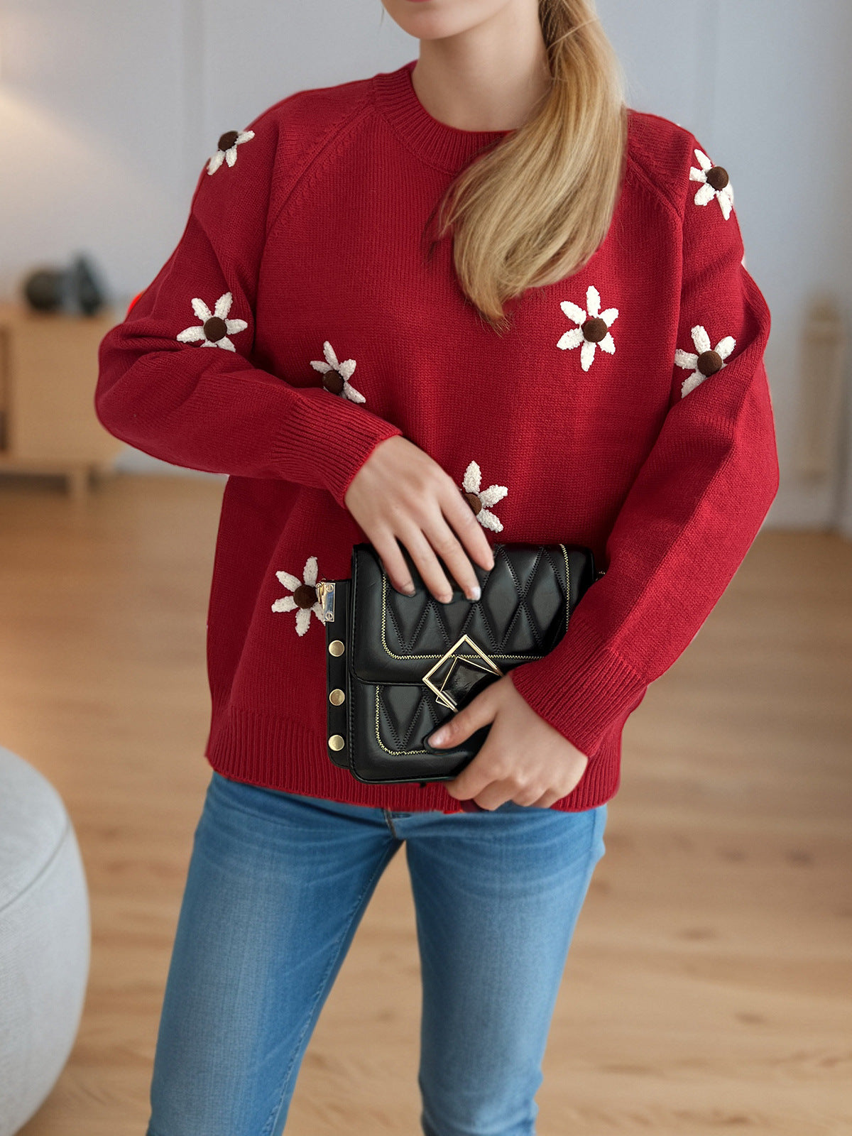 Daisy Embroidered Drop Shoulder Knit Sweater - Red - 2