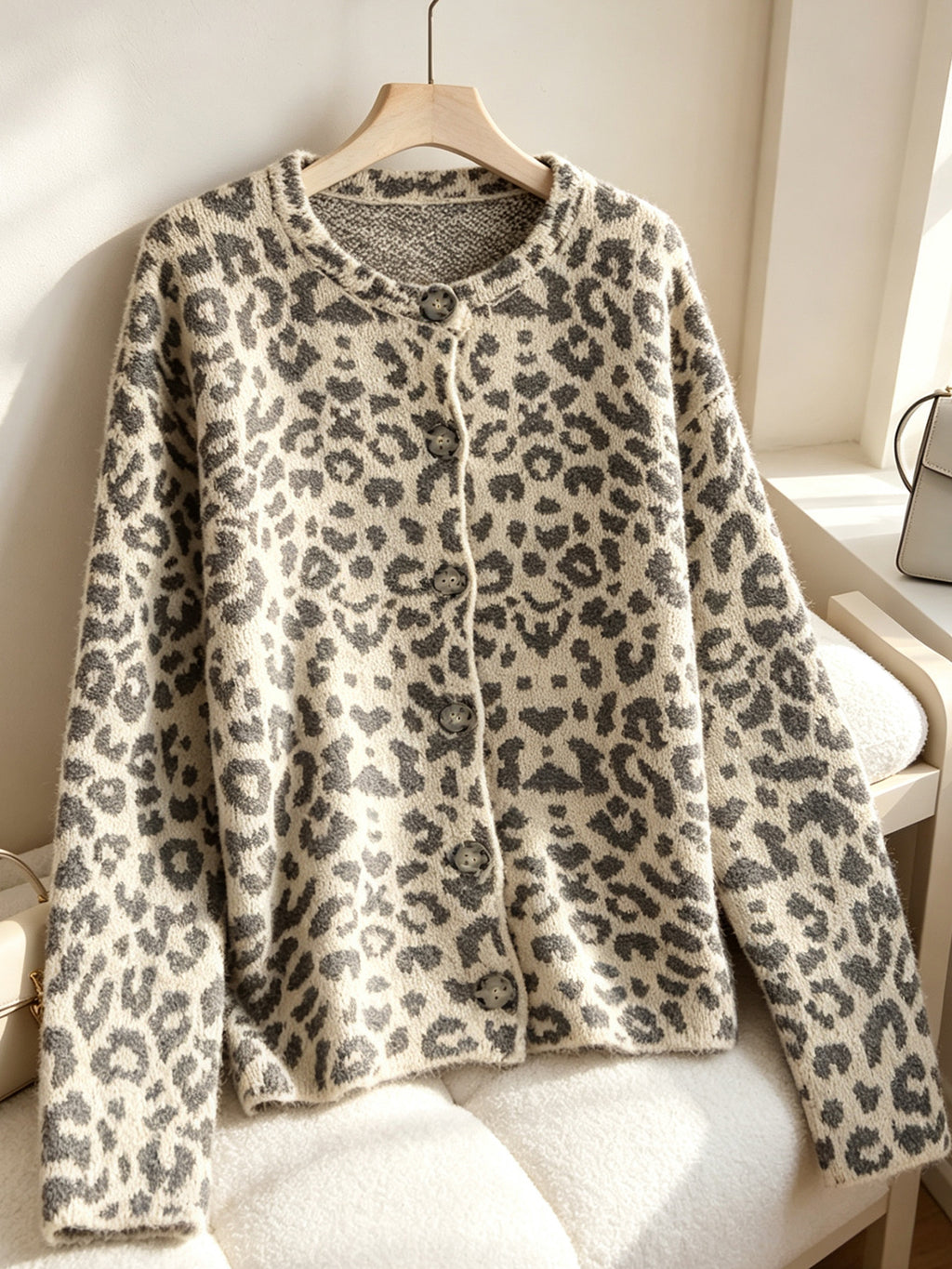 Spotted Animal Print Soft Knit Cardigan - Khaki