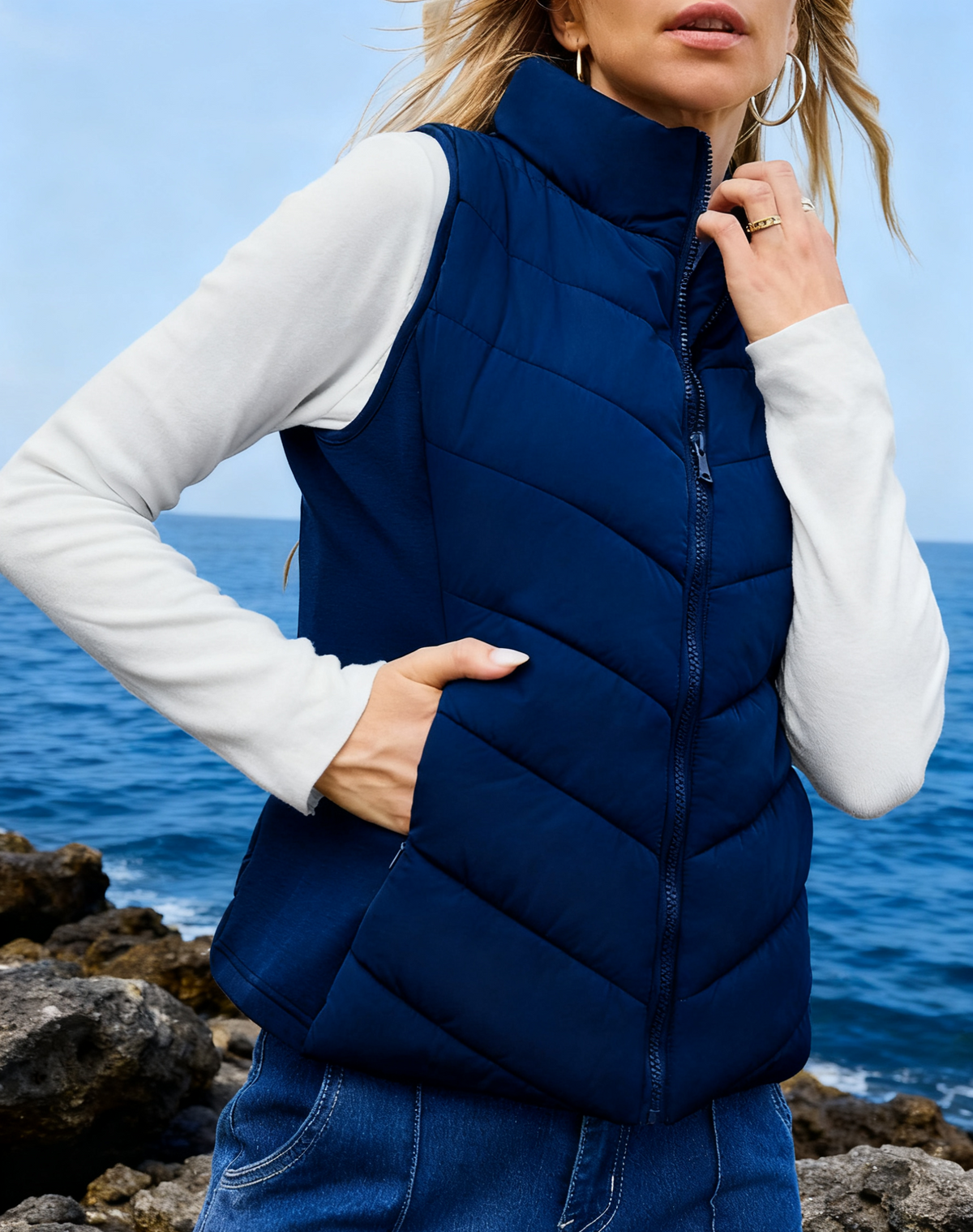 Quilted Puffer Vest With Stand Collar - Navyblue