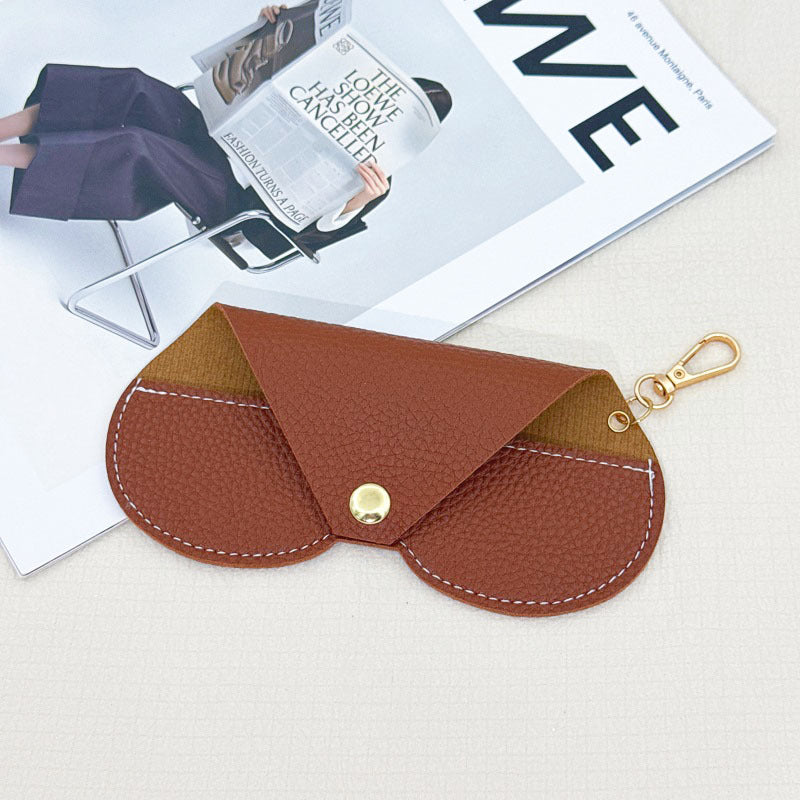 Pebbled Faux Leather Snap Glasses Case With Clip - Coffee
