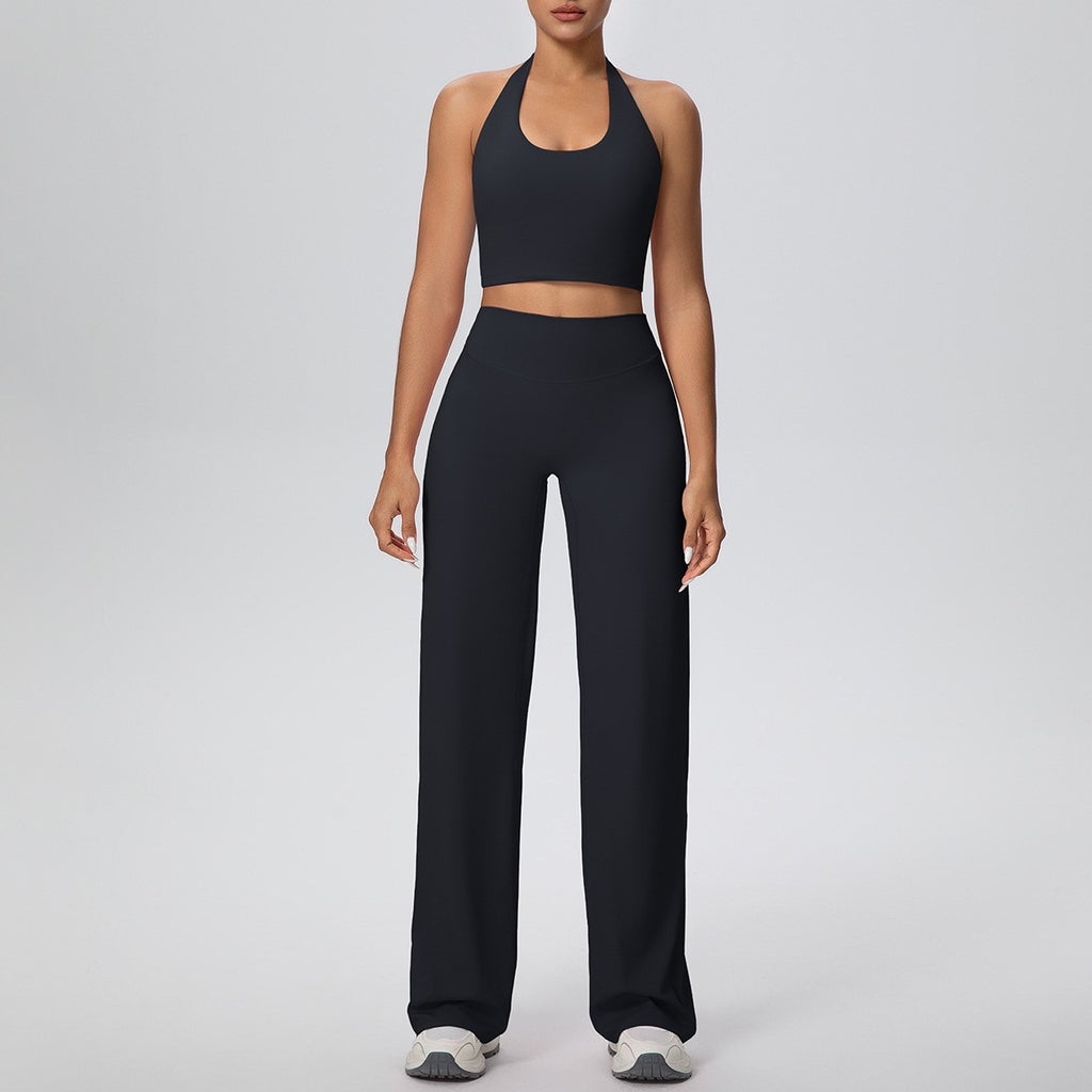 Brushed Halter Crop Top Wide Leg Yoga Pants Set - Black