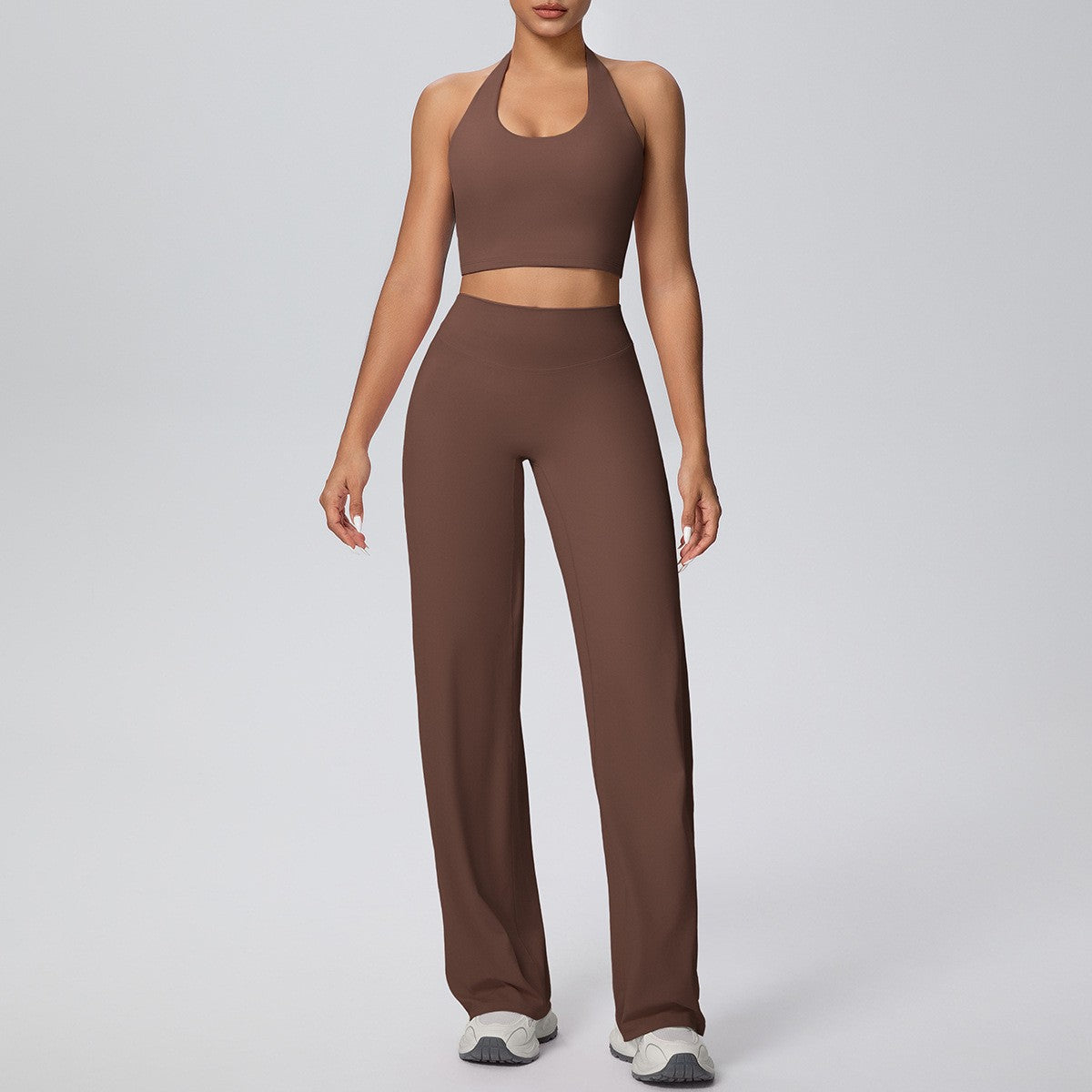Brushed Halter Crop Top Wide Leg Yoga Pants Set - Chestnut