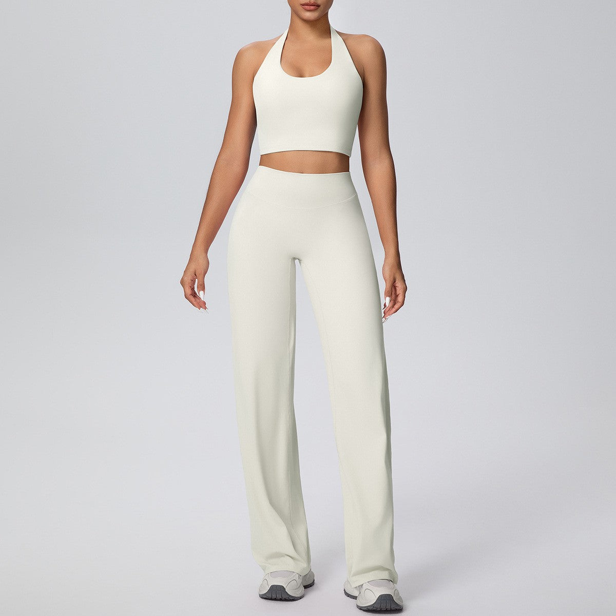 Brushed Halter Crop Top Wide Leg Yoga Pants Set - Ivory