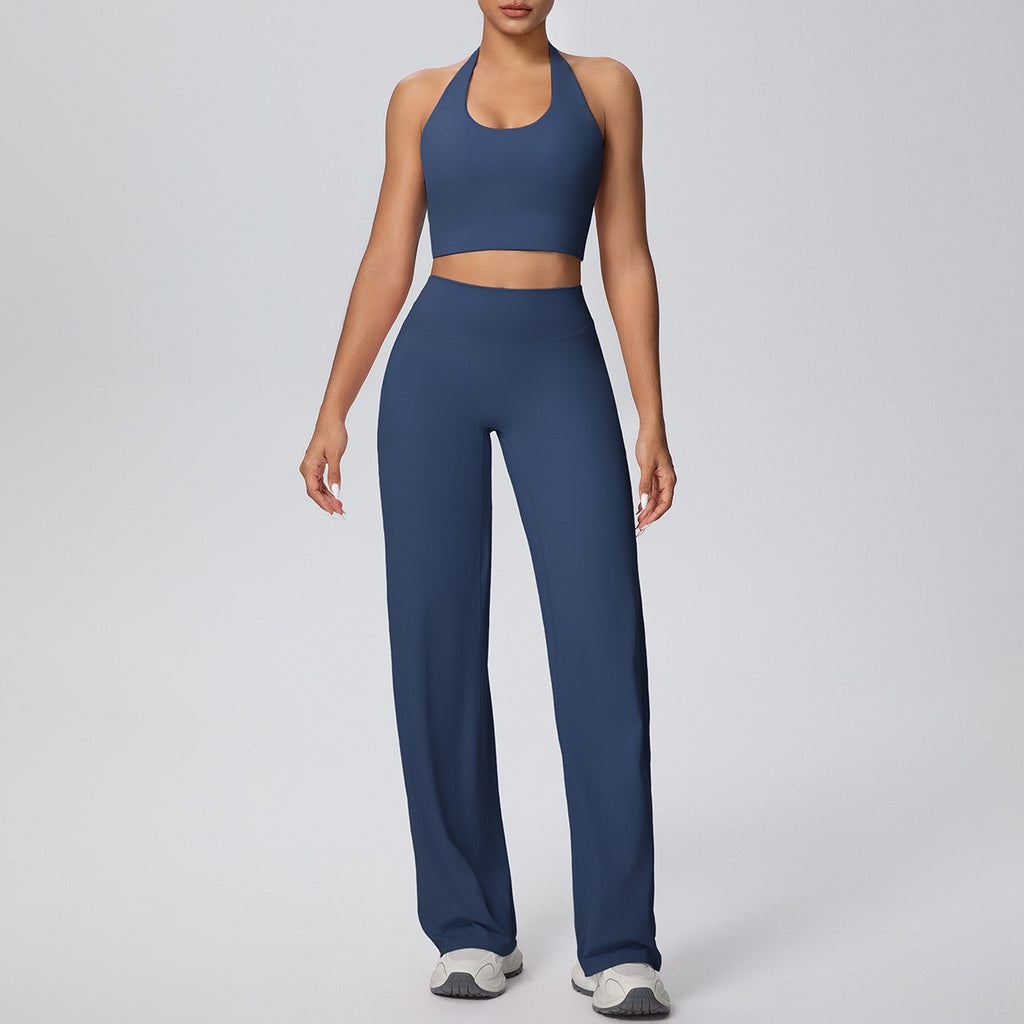 Brushed Halter Crop Top Wide Leg Yoga Pants Set - Navy