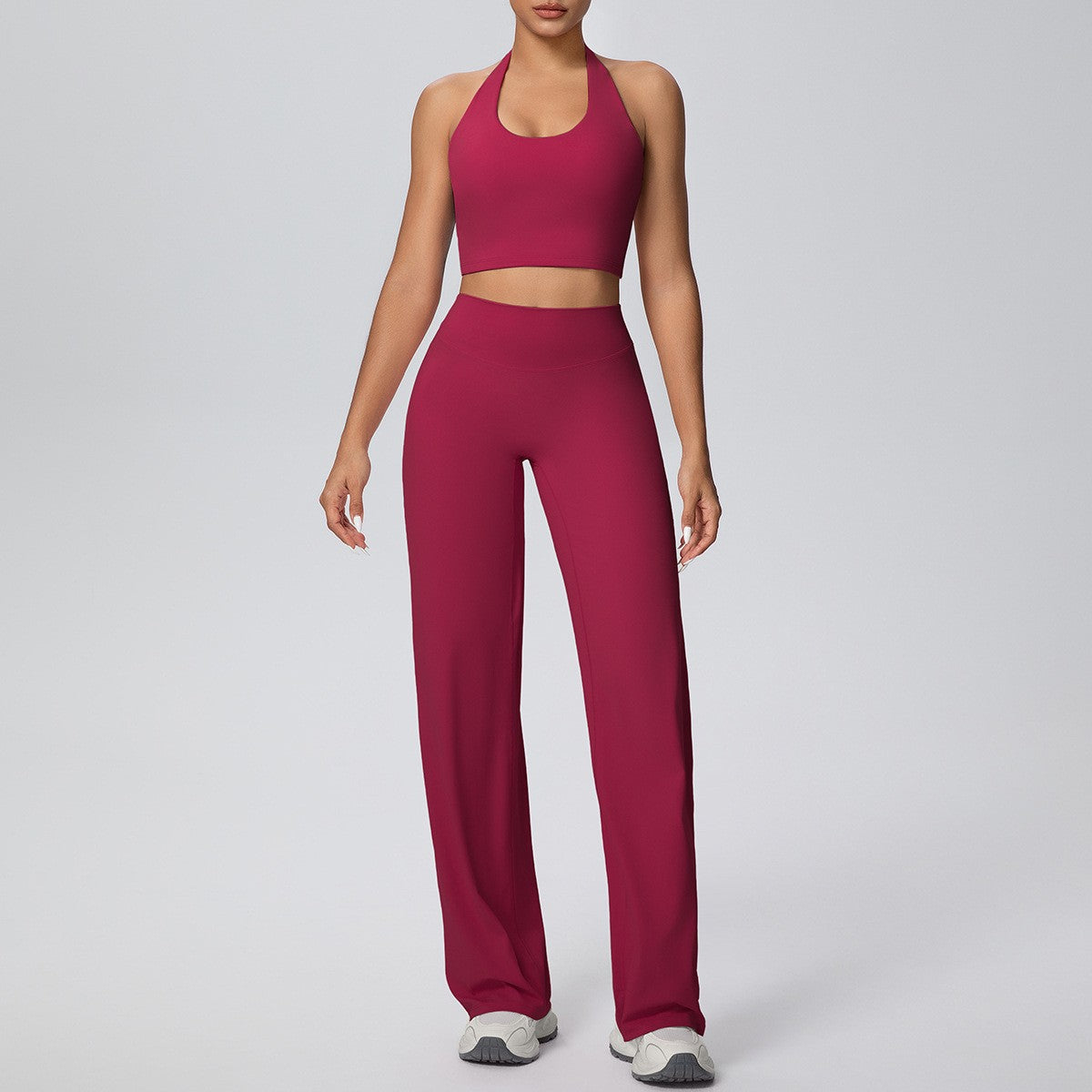 Brushed Halter Crop Top Wide Leg Yoga Pants Set - Raspberry