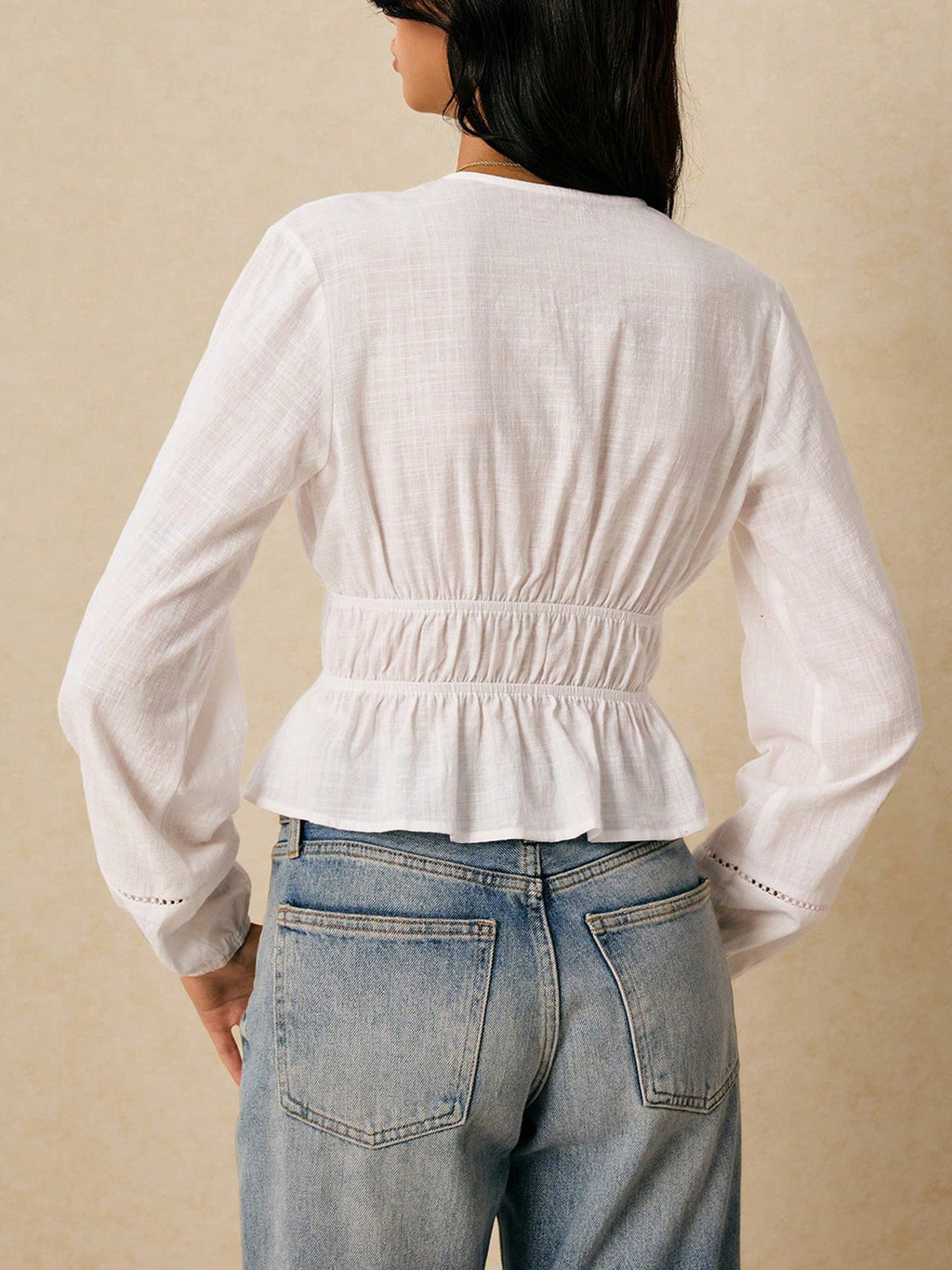 Pointelle Trim Balloon Sleeve Peplum Blouse - White - 2