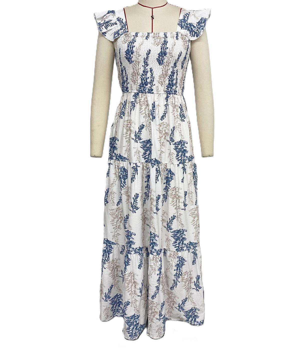 Floral Smocked Square Neck Tiered Maxi Dress - White - 1