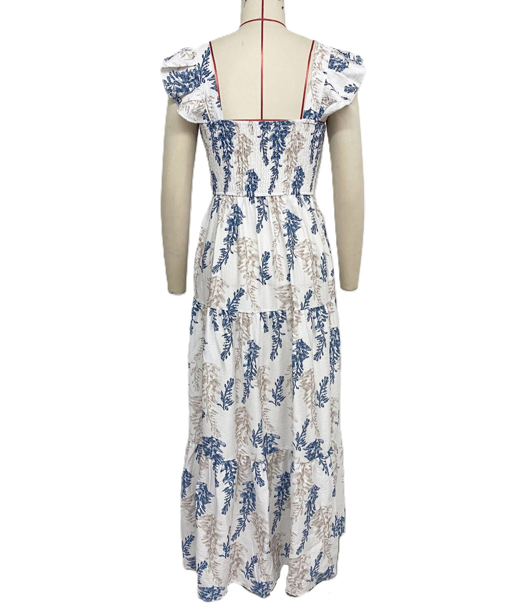 Floral Smocked Square Neck Tiered Maxi Dress - White - 2