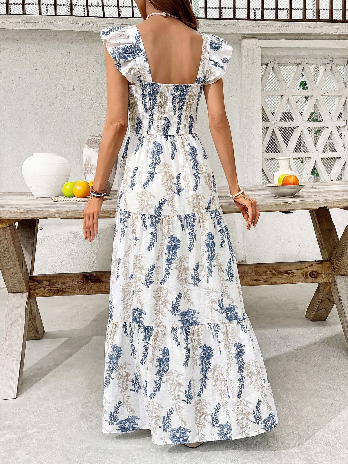 Floral Smocked Square Neck Tiered Maxi Dress - White - 5