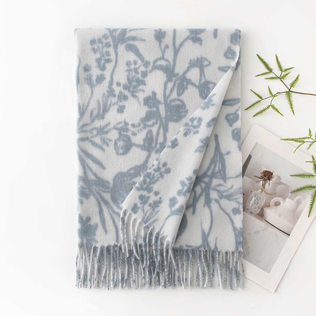Botanical Floral Print Fringed Winter Scarf - Blue_1