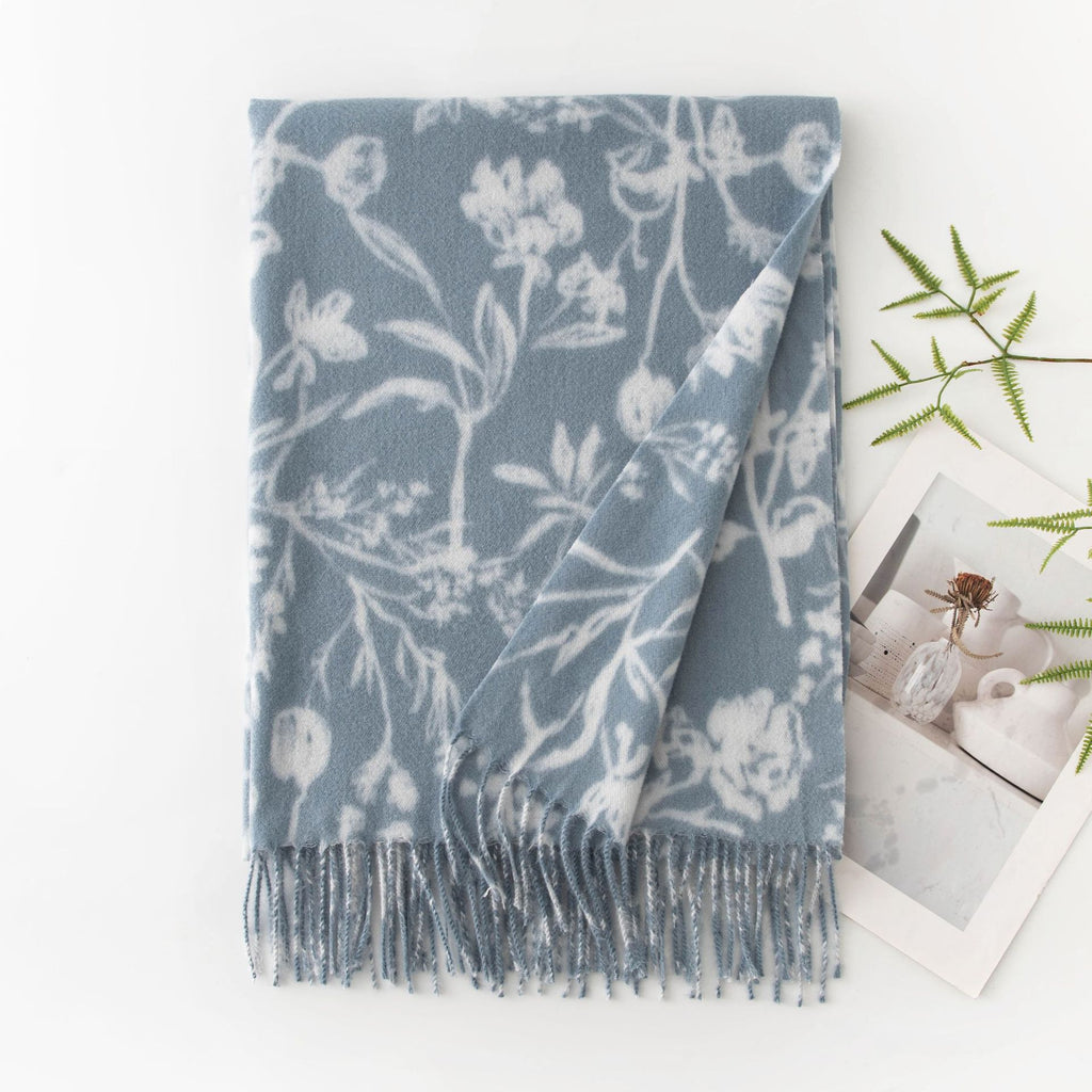 Botanical Floral Print Fringed Winter Scarf - Blue_2