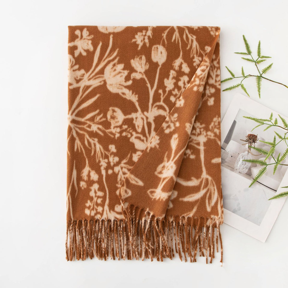 Botanical Floral Print Fringed Winter Scarf - Brown