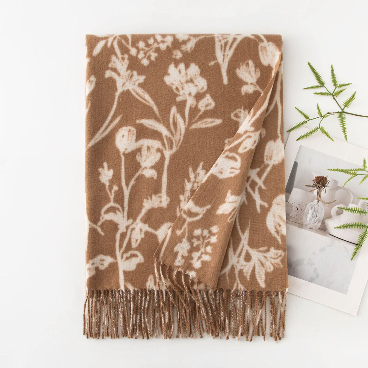 Botanical Floral Print Fringed Winter Scarf - Coffee_2