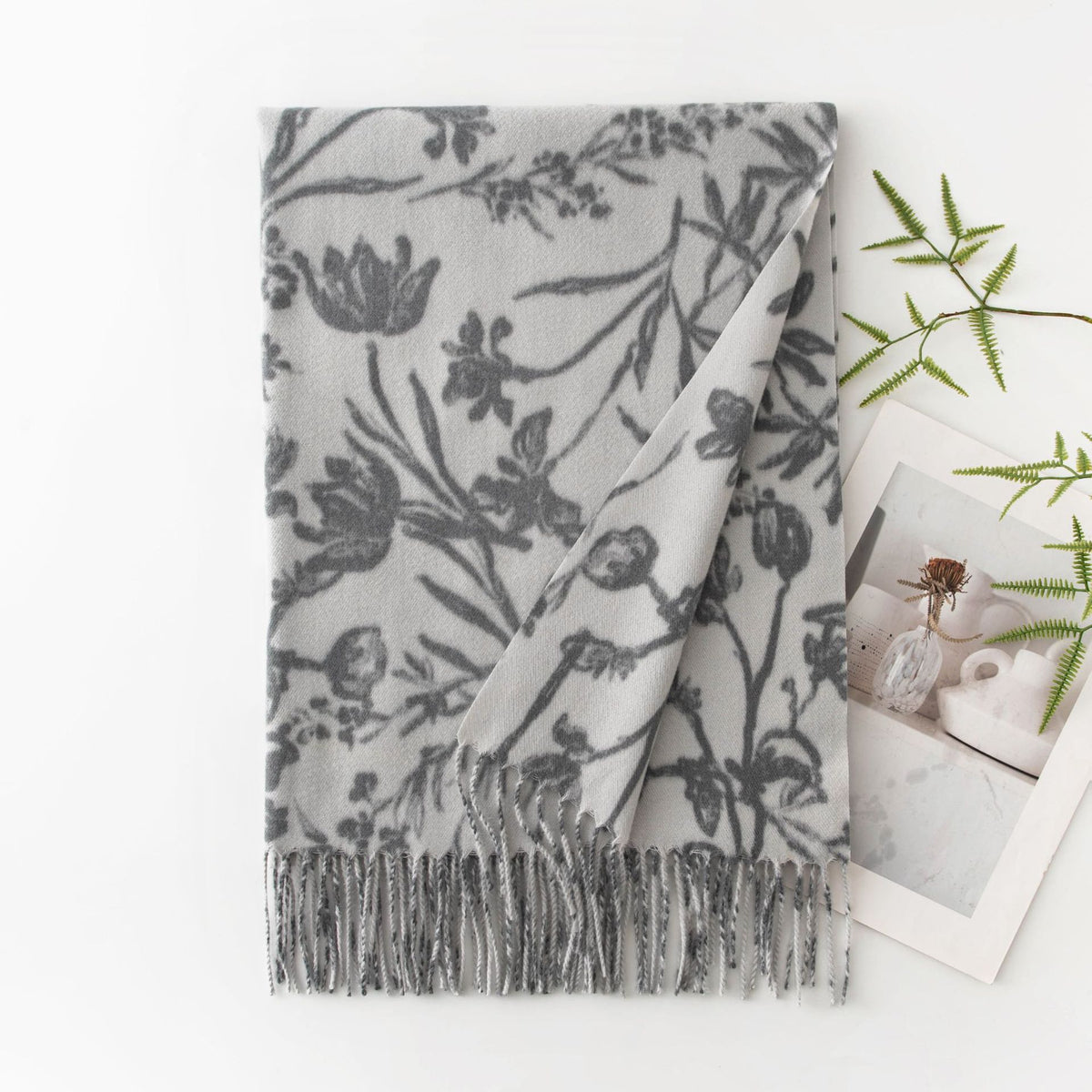 Botanical Floral Print Fringed Winter Scarf - Gray_1