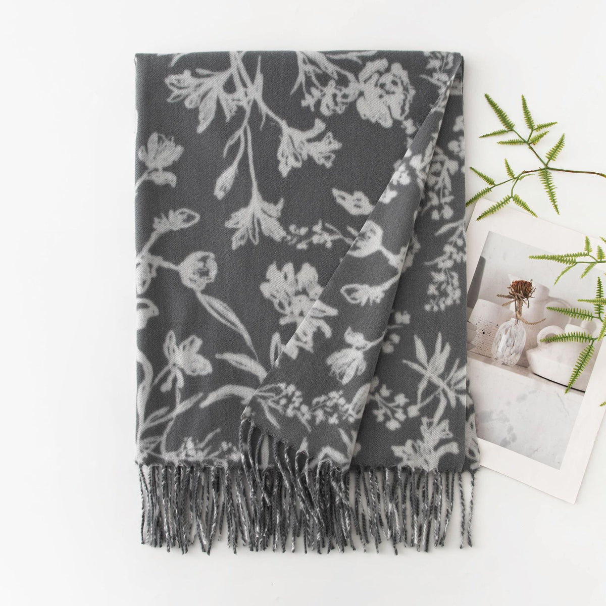 Botanical Floral Print Fringed Winter Scarf - Gray_2