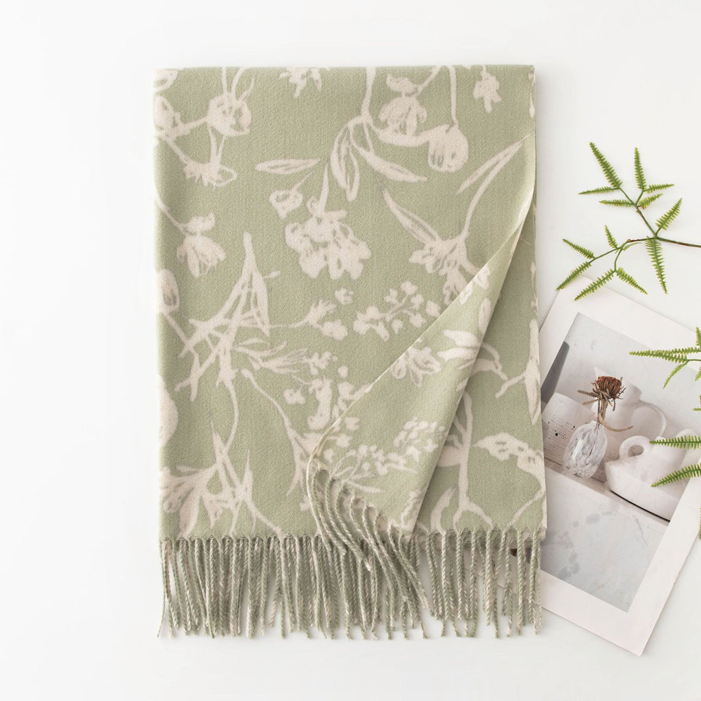 Botanical Floral Print Fringed Winter Scarf - Green