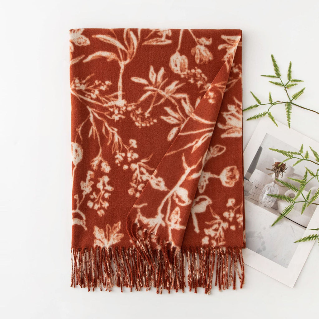 Botanical Floral Print Fringed Winter Scarf - Orange_1