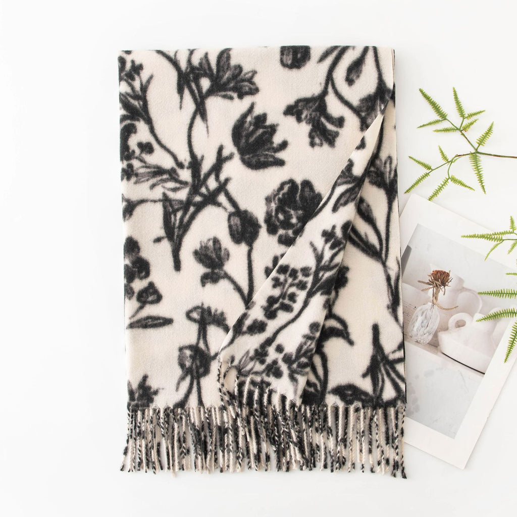 Botanical Floral Print Fringed Winter Scarf - White