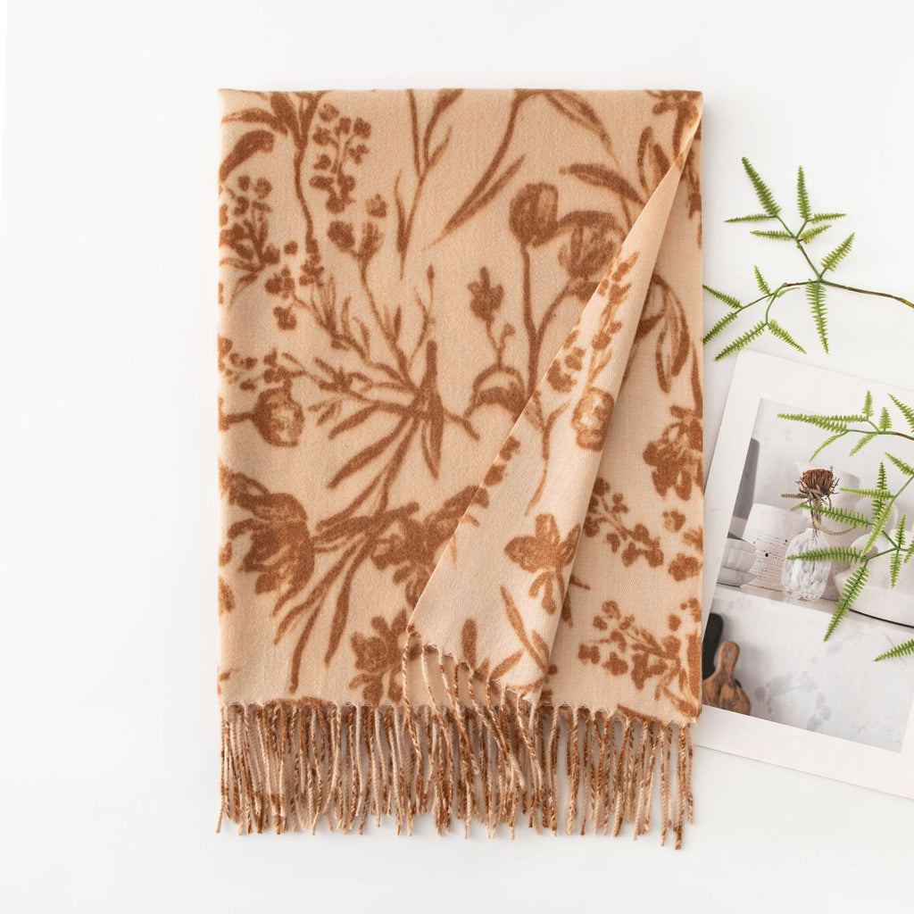 Botanical Floral Print Fringed Winter Scarf - Yellow