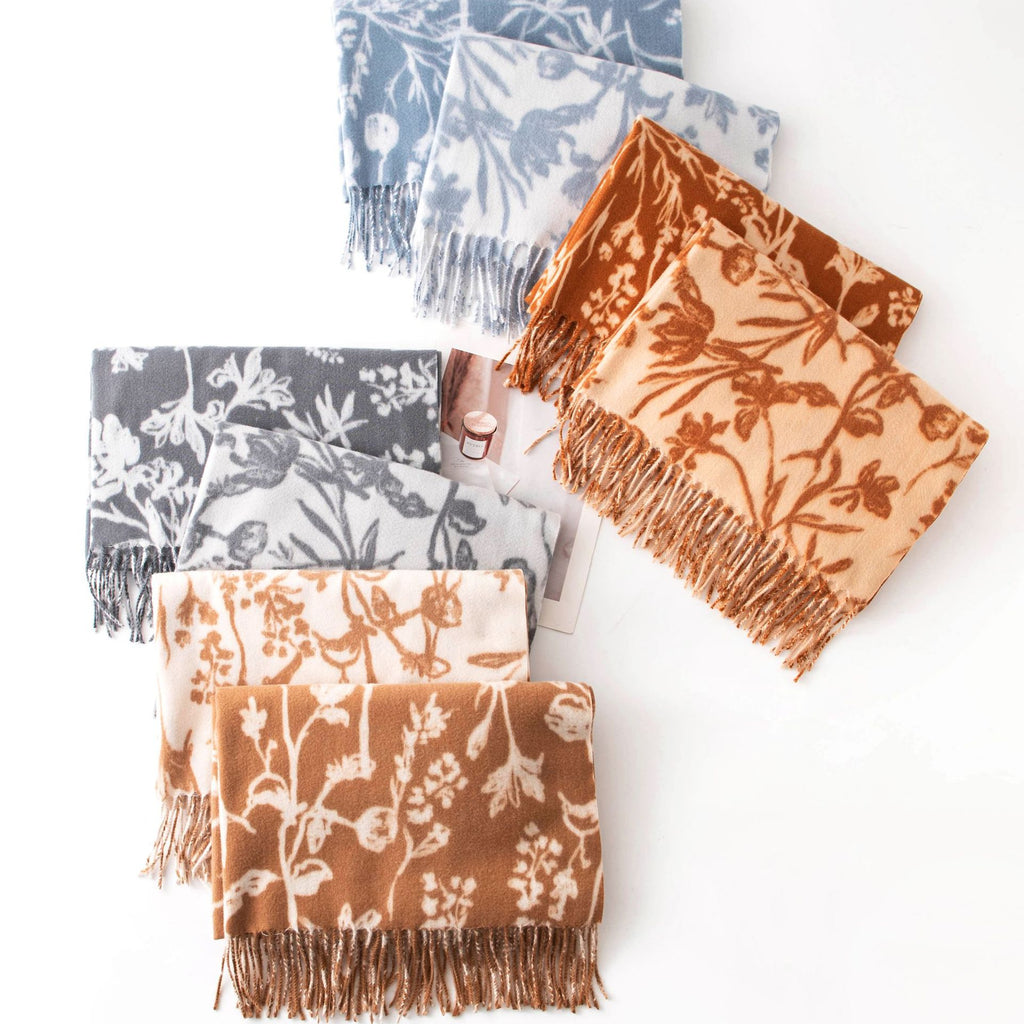 Botanical Floral Print Fringed Winter Scarf
