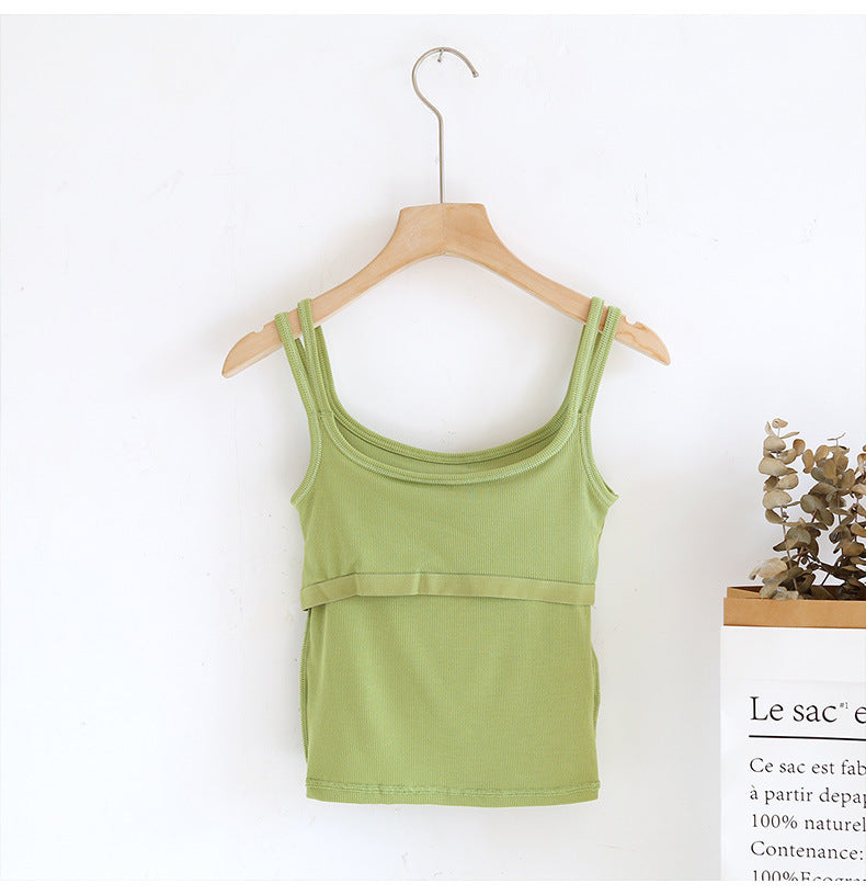 Double Strap Ribbed Tank with Built In Bra - Avocado - 7