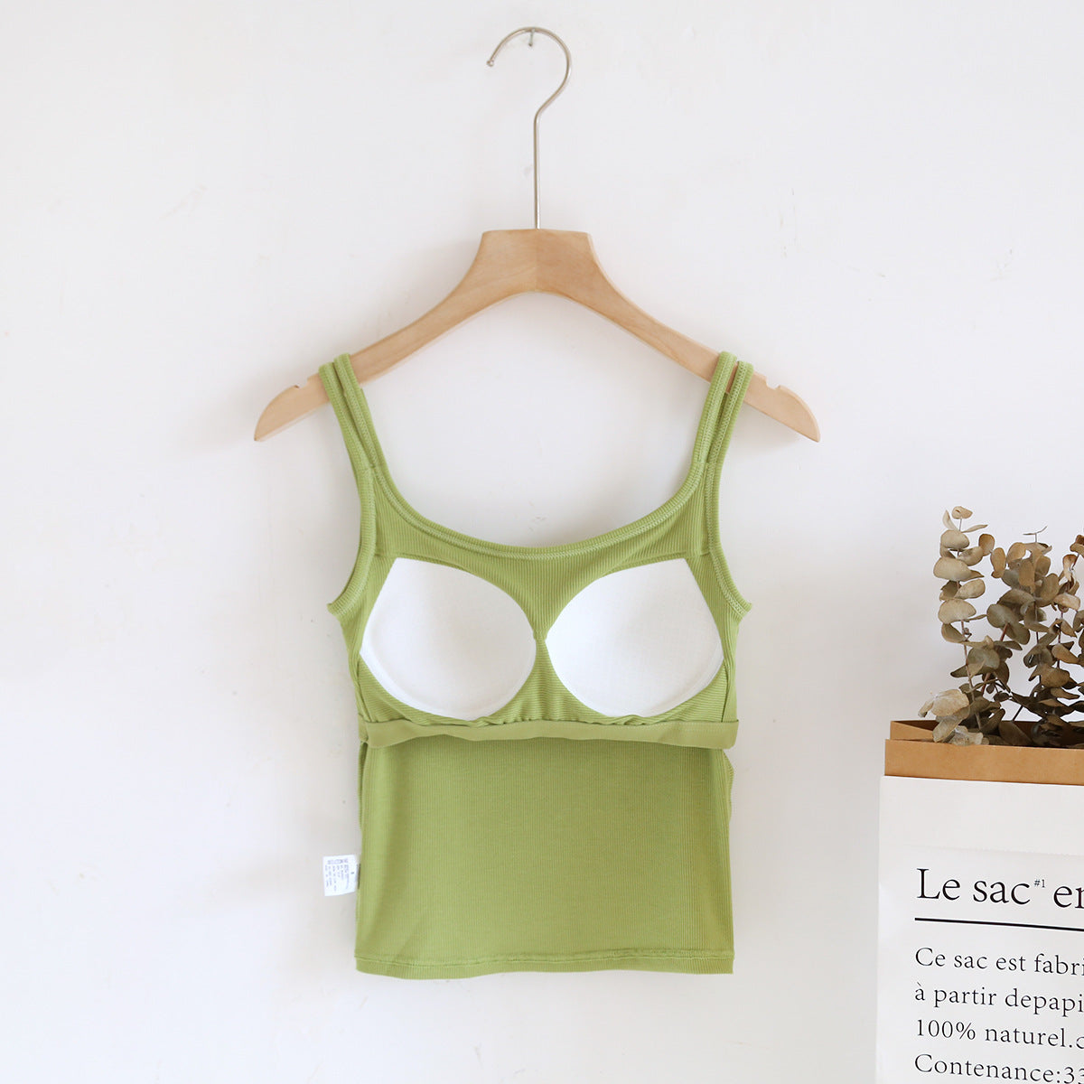 Double Strap Ribbed Tank with Built In Bra - Avocado - 9