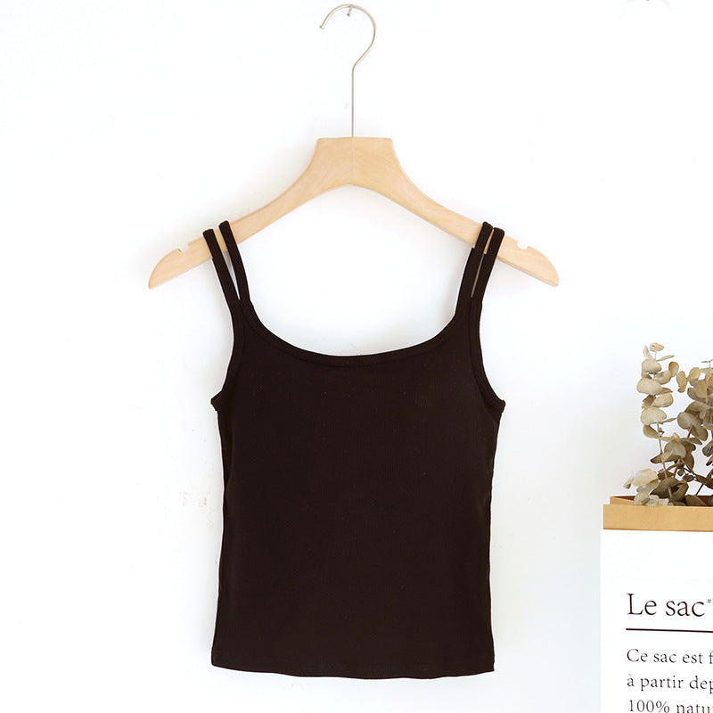 Double Strap Ribbed Tank with Built In Bra - Black