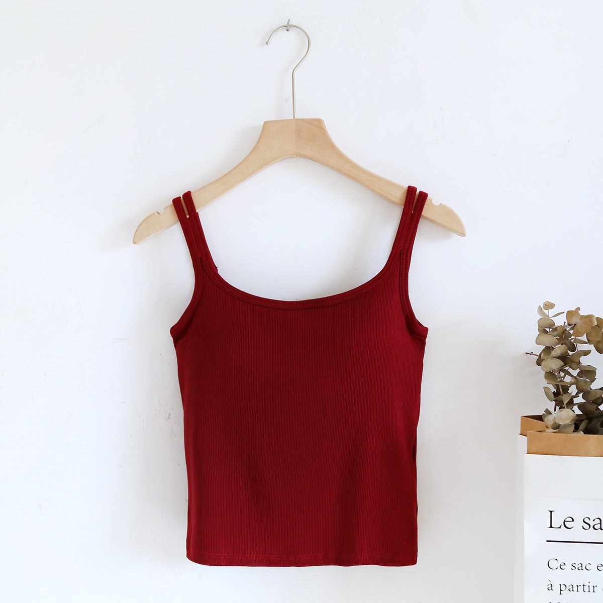Double Strap Ribbed Tank with Built In Bra - Burgundy