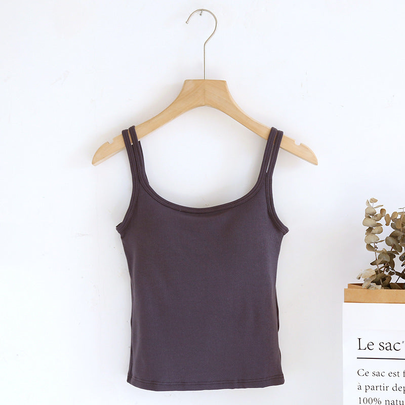 Double Strap Ribbed Tank with Built In Bra - Charcoal