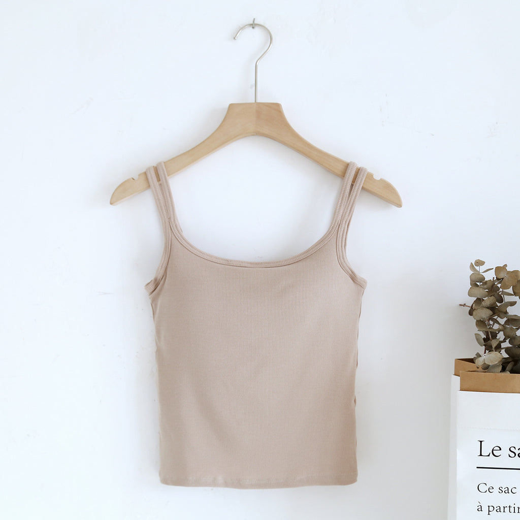 Double Strap Ribbed Tank with Built In Bra - Oat