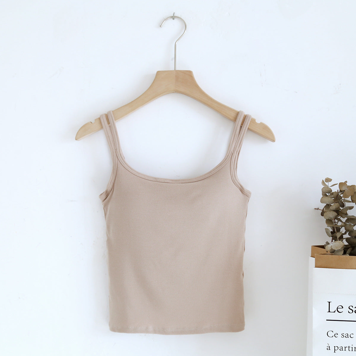 Double Strap Ribbed Tank with Built In Bra - Oat