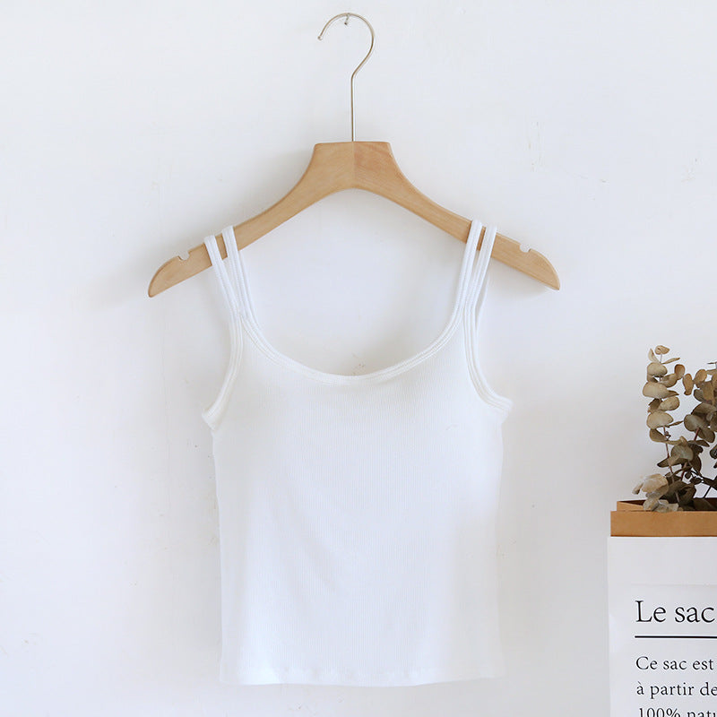 Double Strap Ribbed Tank with Built In Bra - White