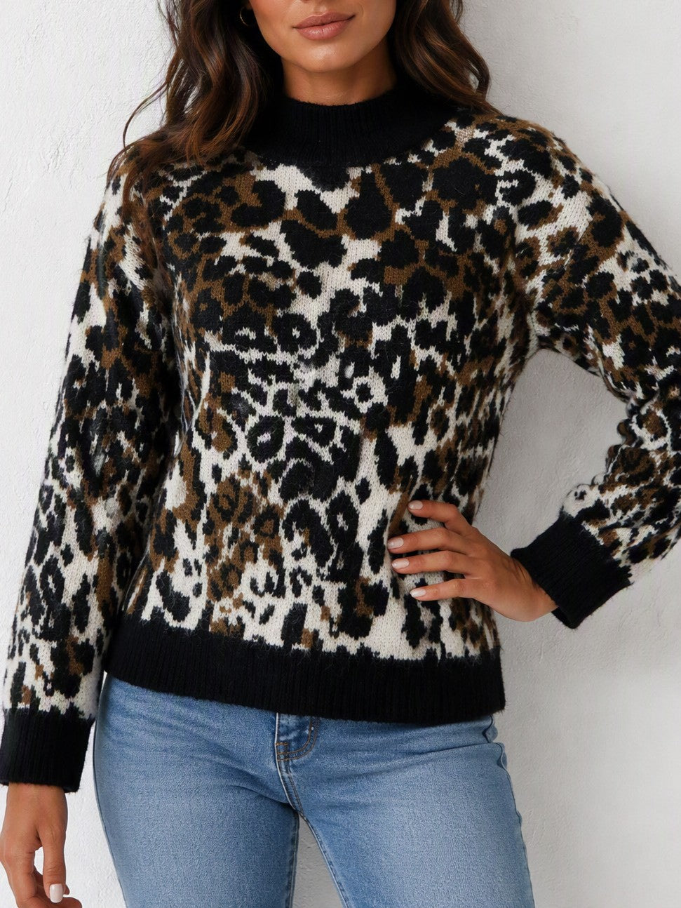 Leopard Print Open Back Knit Sweater - Black