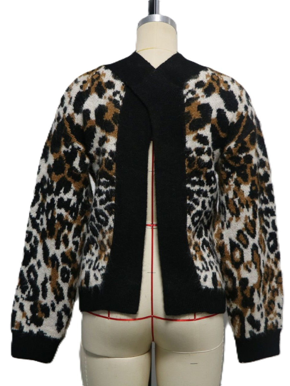 Leopard Print Open Back Knit Sweater - Black - 2