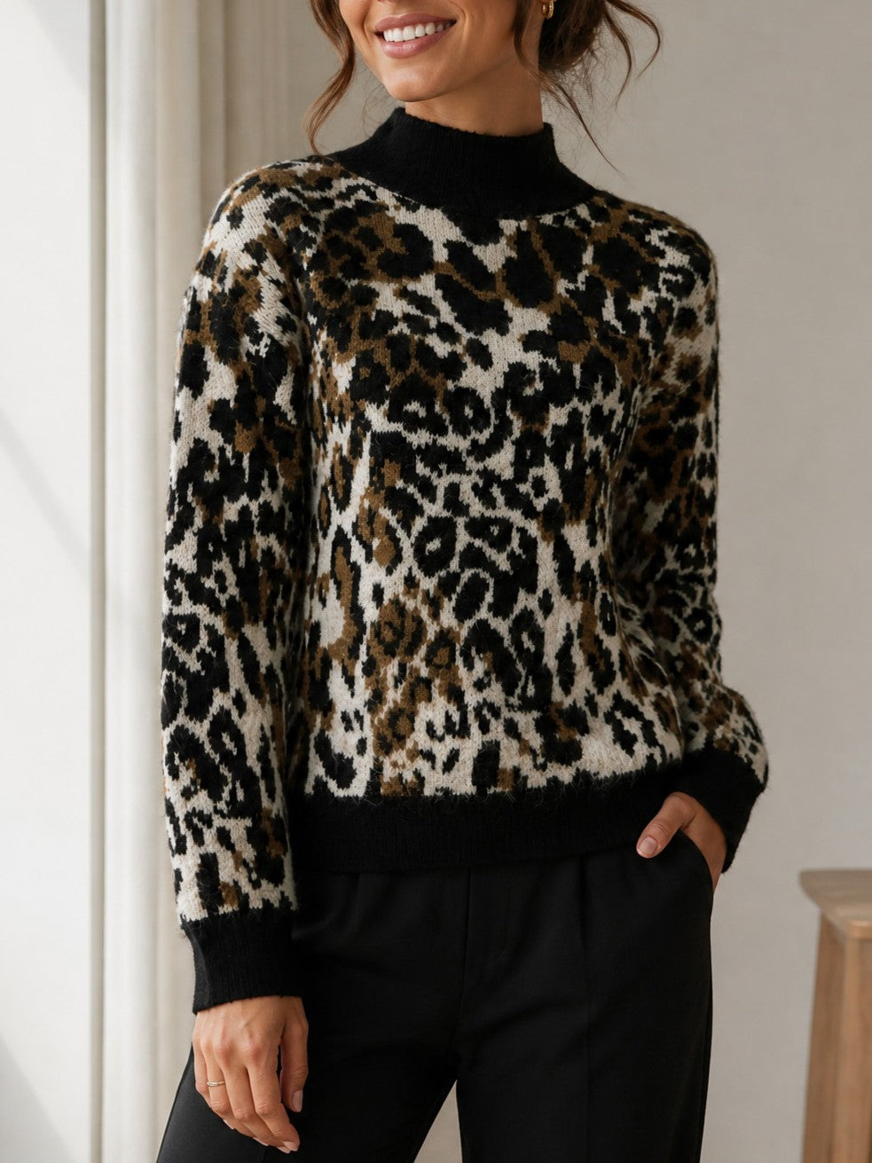 Leopard Print Open Back Knit Sweater - Black - 3