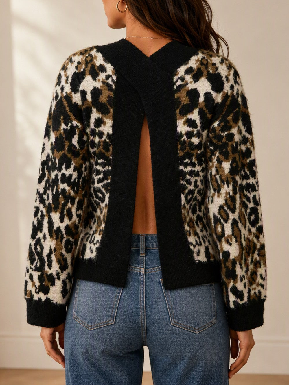 Leopard Print Open Back Knit Sweater - Black - 4