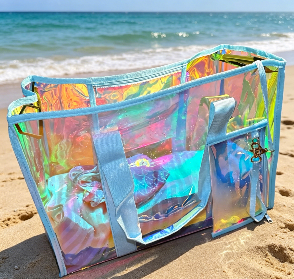 Iridescent Clear Tote Bag With Zip Pouch - Blue