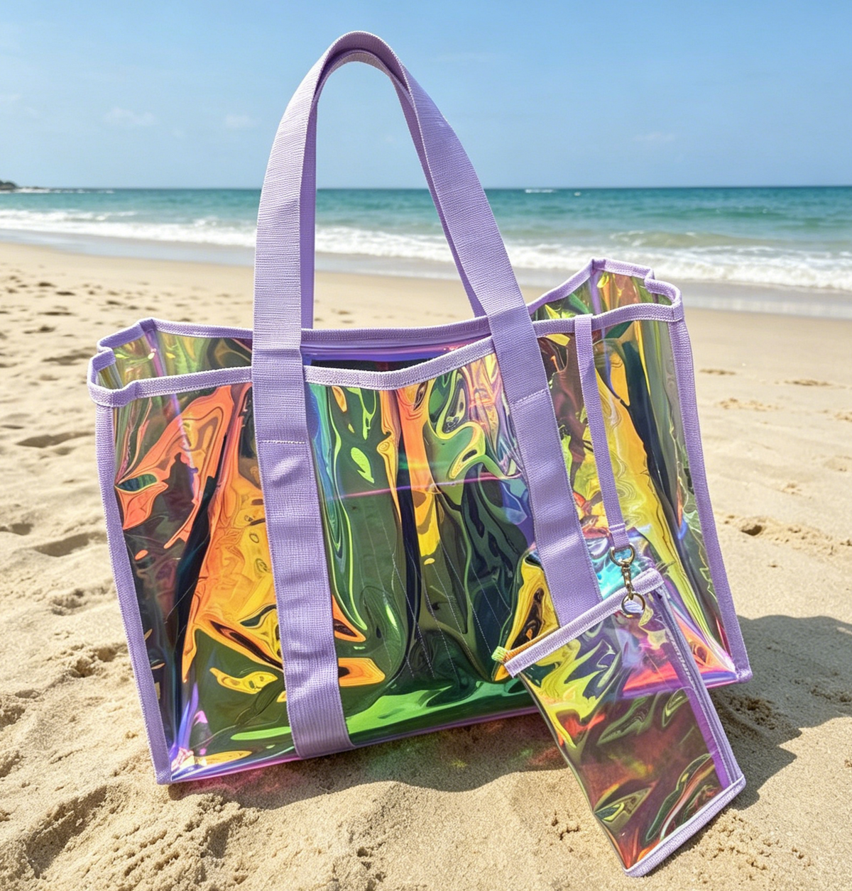 Iridescent Clear Tote Bag With Zip Pouch - Purple