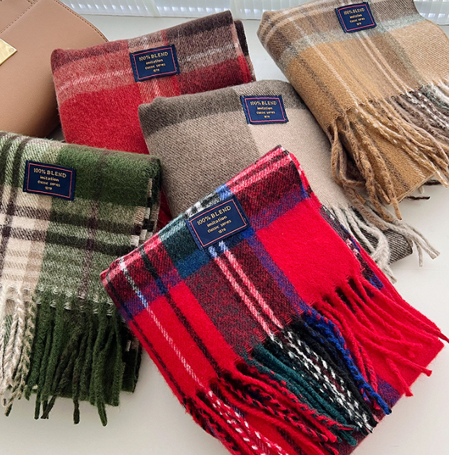 Brushed Check Long Tassel Scarf