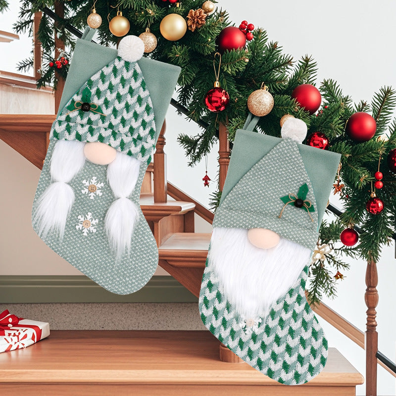 Plush Gnome Christmas Stocking With Knit Hat - Green-1 - 1